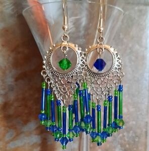 Seahawk Inspired Intricate Silver and Blue Chandelier Earrings